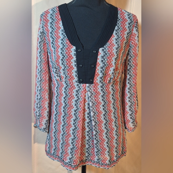 Worthington Tops - WORTHINGTON Black, Gray White, and Red Patterned Blouse